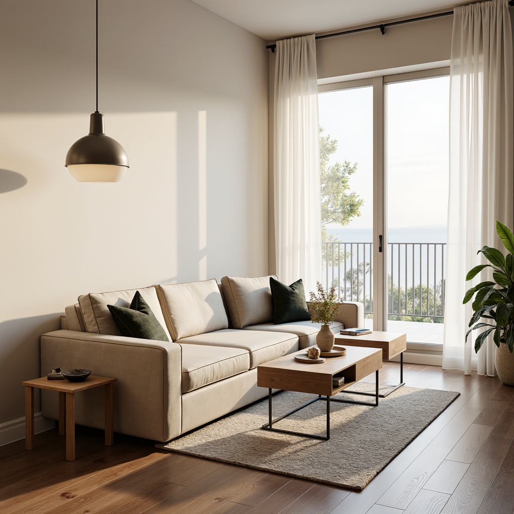 Prompt: Minimalist living room, soft beige walls, polished wooden floors, comfortable sofa, velvet pillows, minimalist coffee table, geometric-patterned rug, floor-to-ceiling windows, natural daylight, sheer white curtains, elegant pendant lamp, greenery plants, subtle warm lighting, shallow depth of field, 1/2 composition, realistic textures, ambient occlusion.