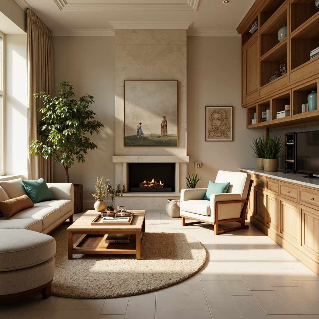 Prompt: Harmonious living room, earthy tones, warm beige walls, rich walnut furniture, soft sage green accents, creamy white marble countertops, natural linen upholstery, gentle golden lighting, cozy atmosphere, intimate seating area, vibrant turquoise decorative pieces, subtle texture contrasts, 2/3 composition, warm color scheme, inviting ambiance, comfortable layout.