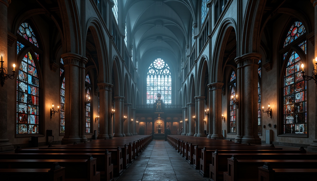 Prompt: Mysterious Gothic cathedral, ornate stone carvings, grandiose vaulted ceilings, intricate stained glass windows, dark mysterious shadows, eerie candlelight, rich velvety black, deep crimson red, midnight blue, weathered bronze, worn wooden textures, mystical foggy atmosphere, low-key dramatic lighting, cinematic composition, high contrast ratio, bold geometric patterns.