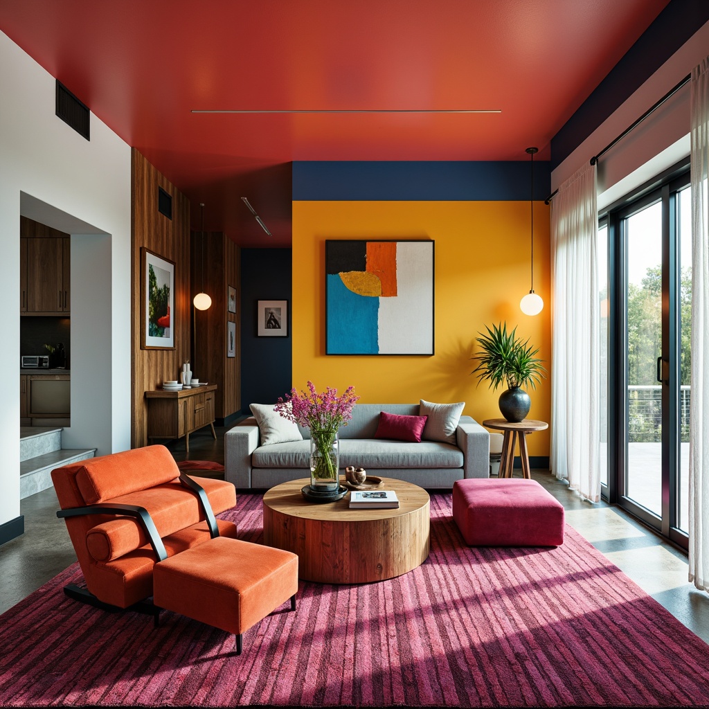 Prompt: Vibrant modern interior, bold color accents, sleek lines, minimalist decor, statement furniture pieces, textured rugs, metallic tones, geometric patterns, accent walls, pops of bright colors, natural light pouring in, sheer curtains, 3/4 composition, shallow depth of field, realistic textures, ambient occlusion.