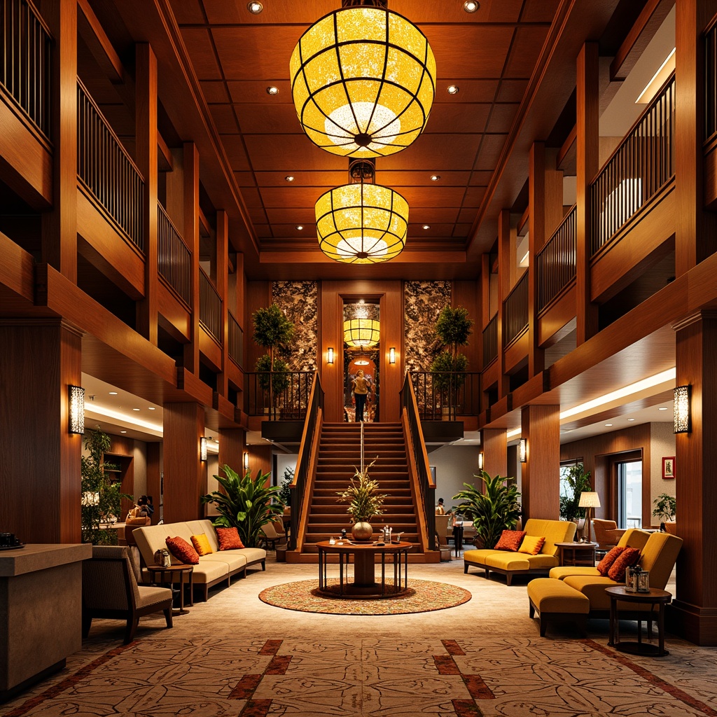 Prompt: Vibrant hotel lobby, warm golden lighting, luxurious chandeliers, rich wood tones, plush furnishings, bold color schemes, eclectic decorative patterns, intricate architectural details, dramatic staircase, grandiose ceiling heights, atmospheric ambient light, soft warm glow, subtle shadows, 1/1 composition, symmetrical framing, high contrast ratios, cinematic lighting effects, opulent materials, metallic accents, lavish textures, exotic cultural influences, Moroccan-inspired tiles, ornate metalwork, whimsical furniture designs.