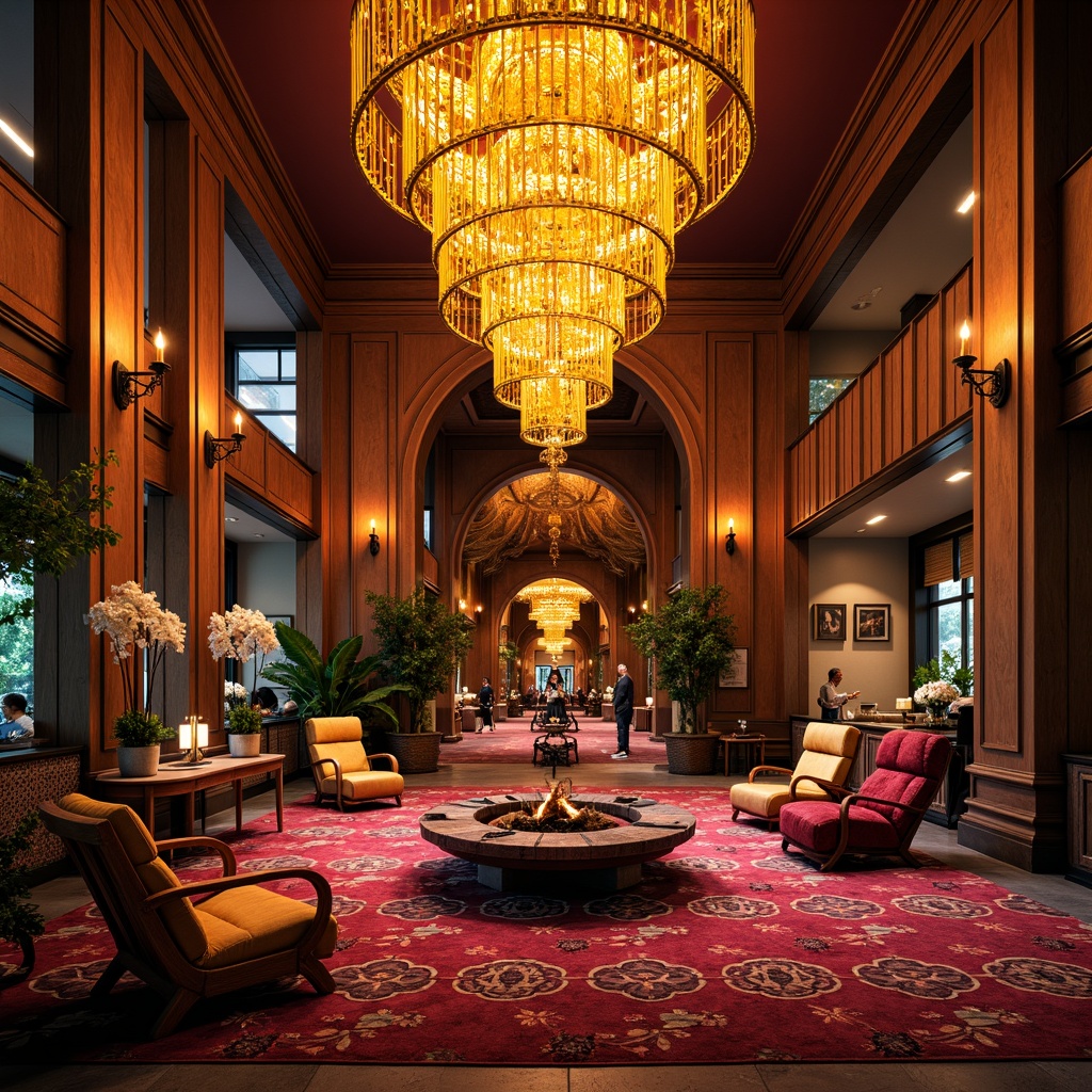 Prompt: Vibrant hotel lobby, grand chandelier, warm golden lighting, rich wood accents, luxurious fabrics, eclectic furniture, bold color schemes, whimsical patterns, ornate fixtures, dramatic archways, opulent materials, lavish decorations, intimate seating areas, moody ambient lighting, warm candlelight, dynamic shadows, 1/2 composition, soft focus, atmospheric rendering.