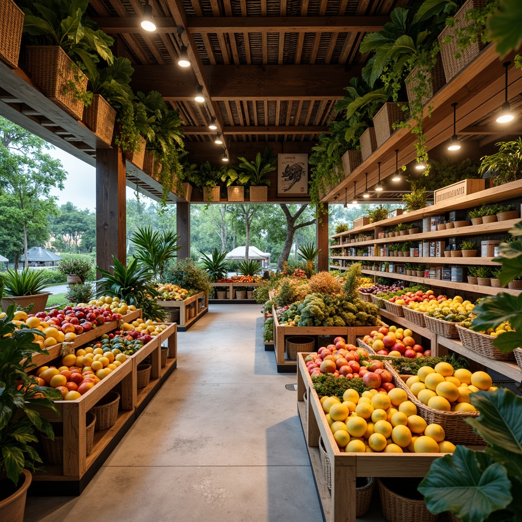 Prompt: Tropical grocery store interior, lush greenery, natural wood accents, woven rattan baskets, vibrant colorful textiles, exotic fruit displays, island-inspired signage, warm LED lighting, airy open shelving, polished concrete floors, wooden crates, woven fibers, earthy tone color scheme, modern minimalist decor, abundant natural light, 1/1 composition, shallow depth of field, soft focus blur.