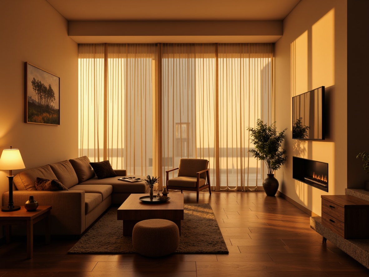 Prompt: Cozy living room, warm golden lighting, soft glow of table lamps, floor-to-ceiling windows, natural daylight, sheer curtains, minimalist furniture, cream-colored walls, polished wood floors, ambient shadows, warm color palette, intimate atmosphere, relaxed seating area, coffee table, decorative vases, greenery, candlelight, 1/2 composition, shallow depth of field, soft focus, warm color grading.