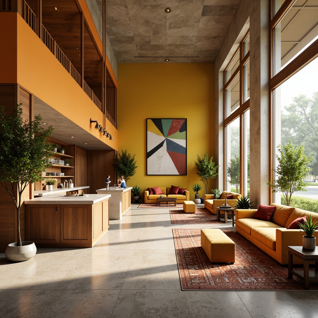 Prompt: Vibrant modern interior, accent walls in bold citrus hues, rich wood furniture, plush velvet sofas, metallic gold lighting fixtures, sleek marble countertops, geometric patterned rugs, statement artwork pieces, natural stone flooring, abundant greenery, airy open spaces, soft warm glow, 1/2 composition, shallow depth of field, realistic textures, ambient occlusion.