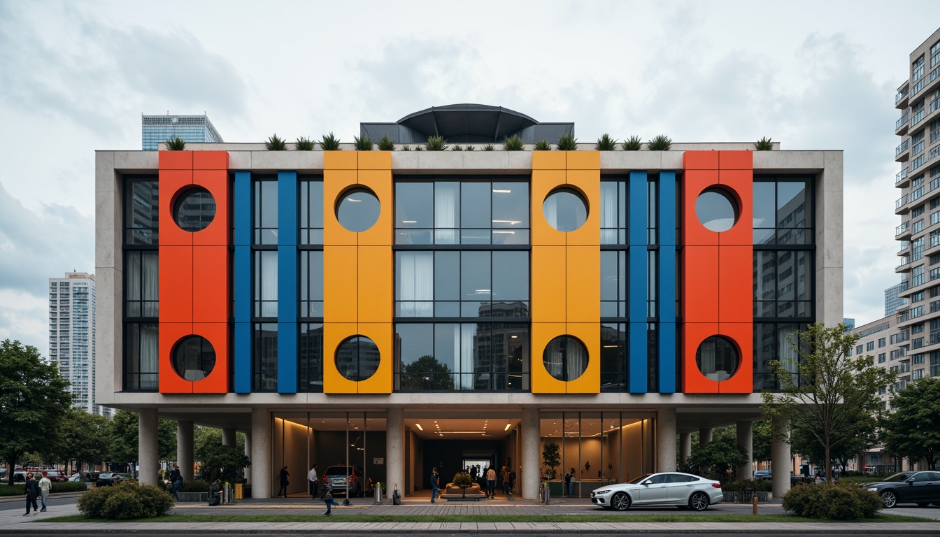 Prompt: Modernist building facade, rectangular forms, triangular compositions, circular windows, bold color blocking, stark contrasts, industrial materials, steel beams, concrete structures, minimalist decor, functional simplicity, urban cityscape, cloudy sky, soft natural light, shallow depth of field, 1/2 composition, symmetrical balance, abstract geometric patterns, overlapping shapes, futuristic ambiance.