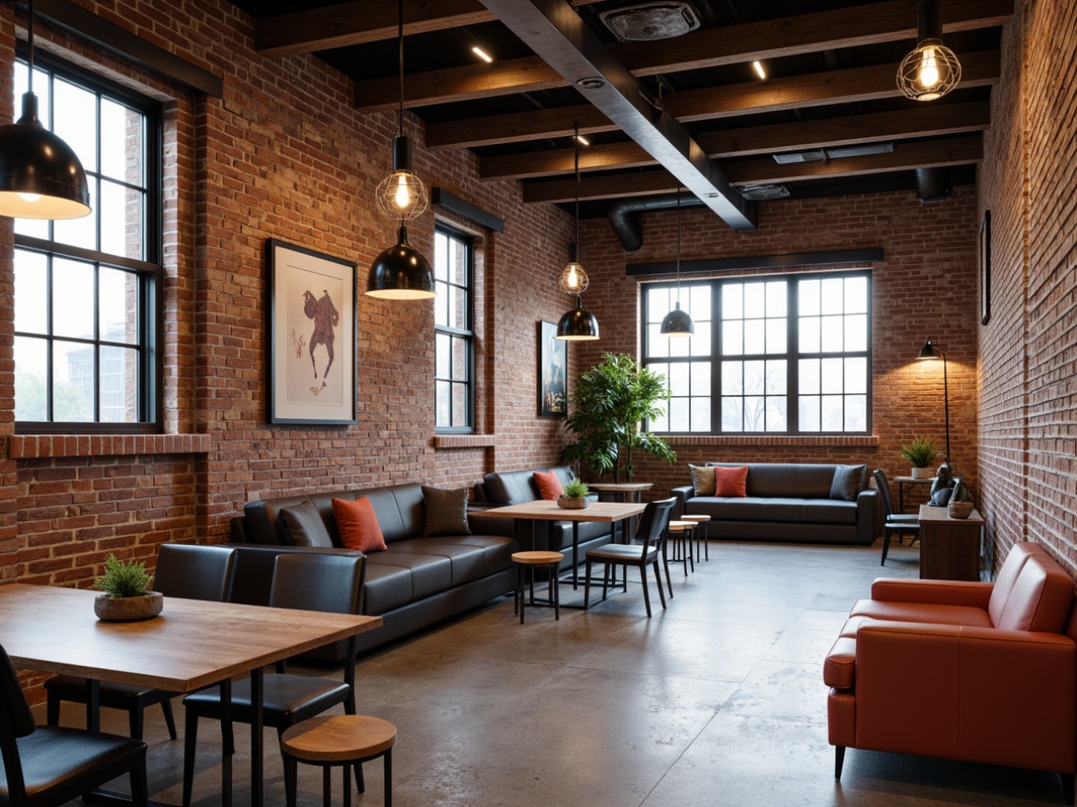 Prompt: Industrial-chic interior, exposed brick walls, polished concrete floors, minimalist decor, functional lighting fixtures, metal shade lamps, geometric pendant lights, warm white LED strips, recessed ceiling lights, industrial-style metal lanterns, bold color accents, rectangular furniture forms, clean lines, minimal ornamentation, urban loft atmosphere, natural light pouring in through large windows, soft indirect illumination, 1/1 composition, high-contrast lighting, dramatic shadows, realistic materials.