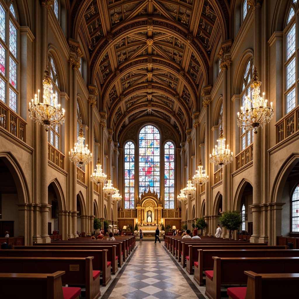 Prompt: Elegant cathedral interior, ornate chandeliers, polished brass fixtures, crystal droplets, lavish candelabras, intricate metalwork, geometric patterns, vibrant stained glass windows, grandiose altar, majestic vaulted ceiling, warm golden lighting, soft ambient glow, subtle color temperature shifts, dramatic spotlights, 3-point composition, symmetrical framing, ornate details, luxurious textiles, velvet drapes, marble floors.