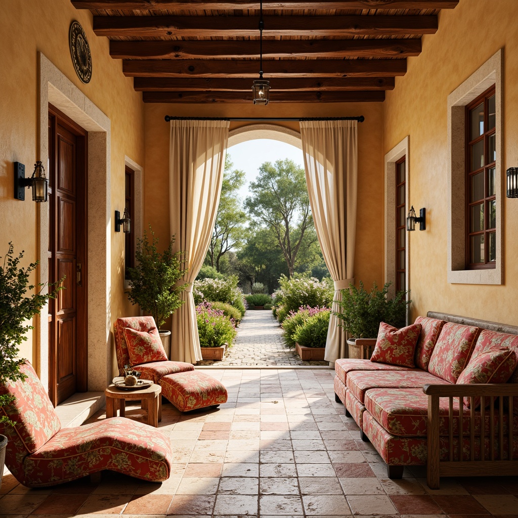 Prompt: Vibrant Mediterranean villa, warm beige stucco walls, rustic stone floors, ornate wooden doors, colorful ceramic tiles, plush velvet furniture, intricate embroidered fabrics, natural linen drapes, distressed wood accents, lush greenery, blooming flowers, sunny afternoon, soft warm lighting, shallow depth of field, 3/4 composition, panoramic view, realistic textures, ambient occlusion.