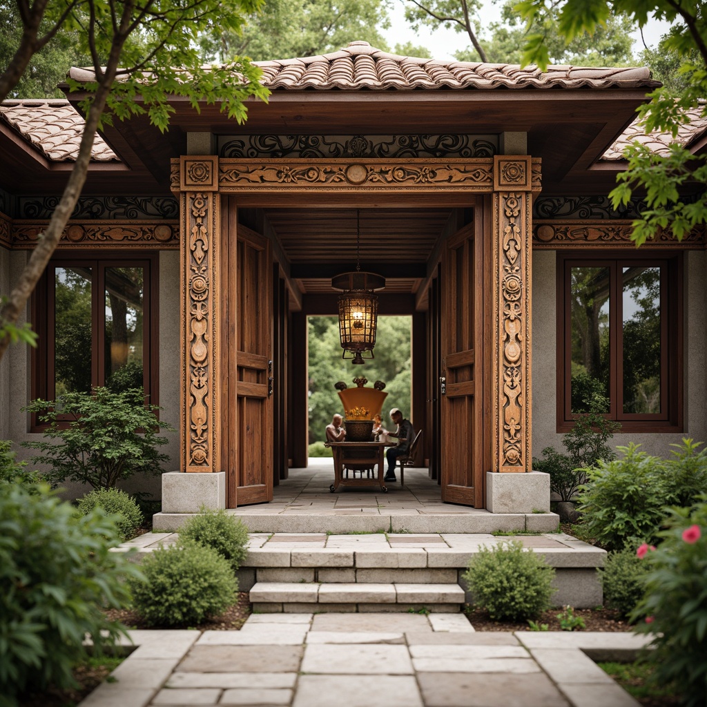 Prompt: Rustic temple exterior, intricately carved wooden doors, ornate stone carvings, vibrant cultural patterns, serene courtyard, lush greenery, natural stone flooring, traditional roof tiles, curved lines, symmetrical architecture, grand entrance, peaceful ambiance, soft warm lighting, shallow depth of field, 1/1 composition, realistic textures, ambient occlusion.