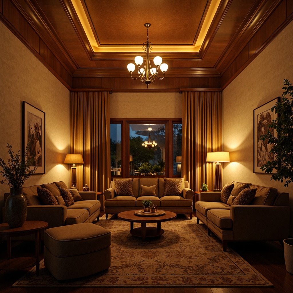 Prompt: Cozy living room, warm golden lighting, soft glowing lamps, rich wood accents, plush furniture, velvety drapes, intimate atmosphere, dimmable LED lights, warm color temperature, relaxing ambiance, subtle shadows, layered lighting, 3-point lighting setup, dramatic ceiling fixtures, elegant chandeliers, warm beige walls, comfortable seating areas, inviting textures, warm tone colors, soft diffused light, cinematic mood.