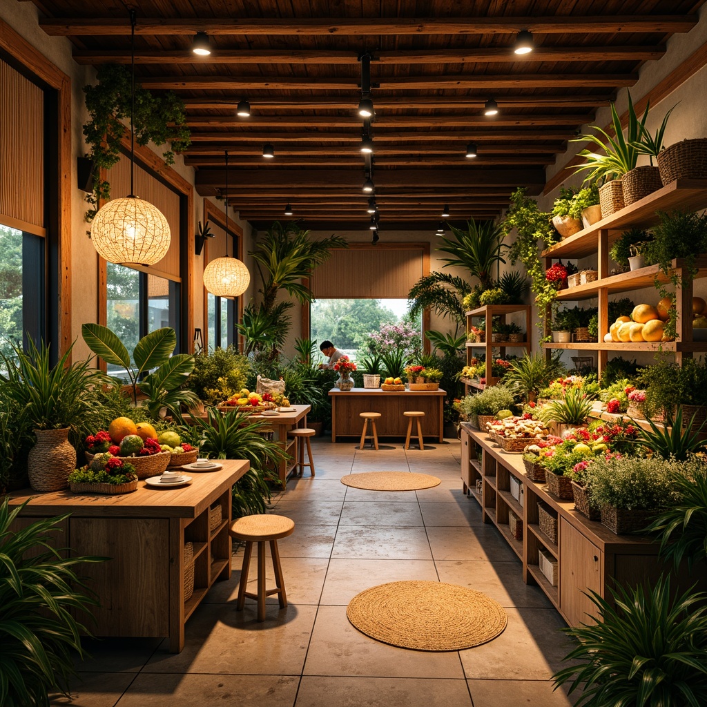 Prompt: Tropical style grocery store interior, warm and inviting atmosphere, natural materials, woven bamboo furniture, rattan decorations, lush greenery, exotic plants, vibrant colorful flowers, wooden shelves, rustic wooden crates, earthy tone walls, soft warm lighting, ambient occlusion, shallow depth of field, 3/4 composition, warm color temperature, cozy corners, pendant lamps, lantern-style lighting, natural stone flooring, woven fiber rugs, eclectic decorative accents, distressed wood textures, realistic reflections.