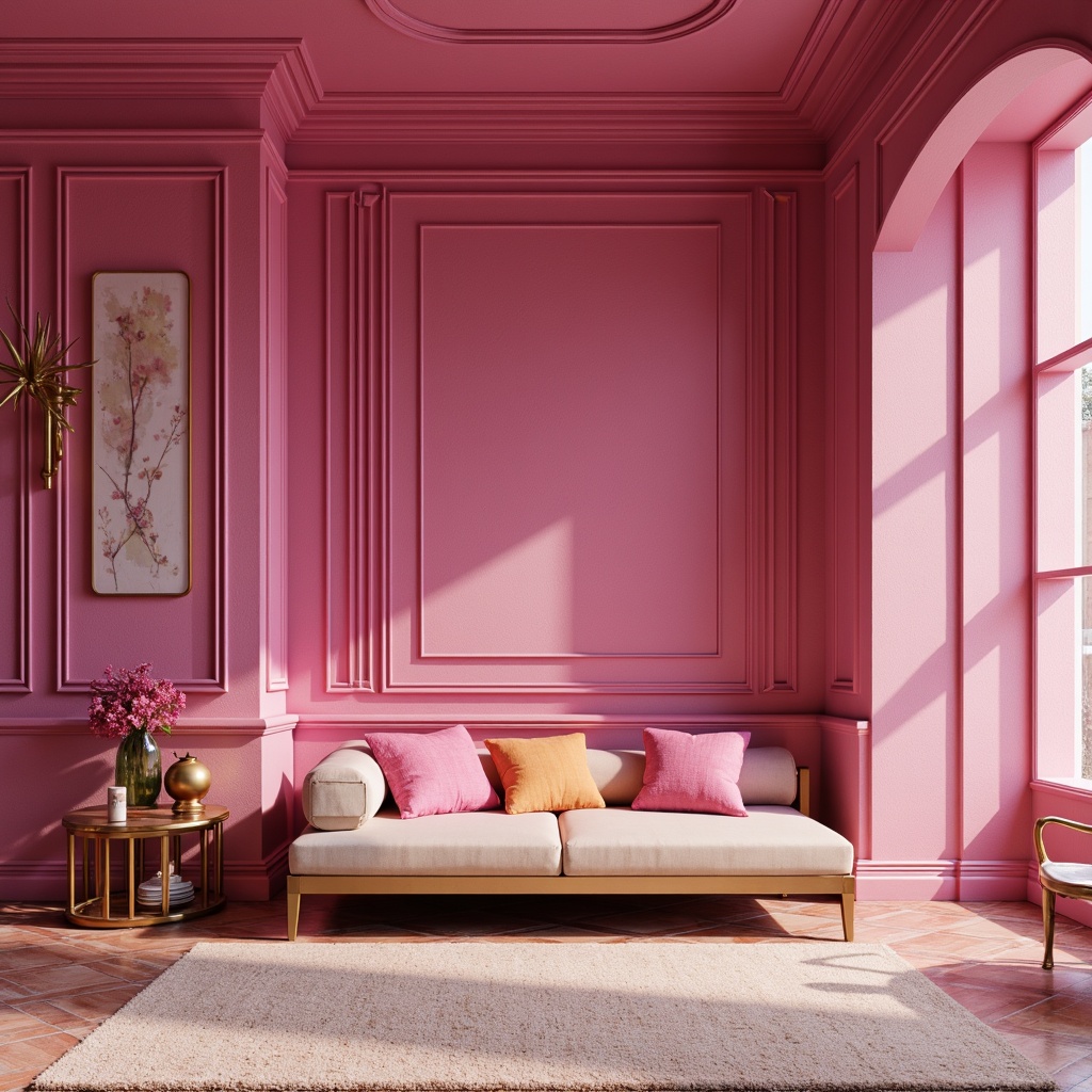 Prompt: Vibrant fuchsia accent walls, pastel pink hues, soft peach undertones, metallic rose gold details, rich berry-inspired colors, luxurious velvet textures, ornate golden fixtures, sleek modern lines, abstract geometric patterns, bold contrasting colors, high-contrast lighting, dramatic shadows, cinematic composition, ultra-high definition rendering, realistic reflections, intricate architectural details.