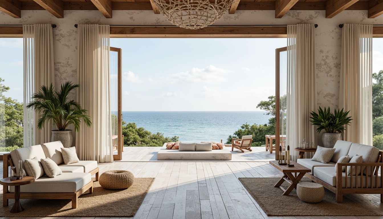 Prompt: Soothing coastal venue, calming color palette, serene ocean views, soft sandy beaches, gentle sea breeze, driftwood accents, weathered stone walls, natural textures, rustic wooden floors, distressed finishes, creamy whites, pale blues, misty greens, warm beiges, soft grays, subtle coral hues, calming turquoise tones, natural linen fabrics, woven jute rugs, potted coastal plants, organic decorative elements, warm candlelight, cozy ambiance, inviting outdoor spaces, panoramic ocean views, 1/1 composition, soft focus, realistic textures.