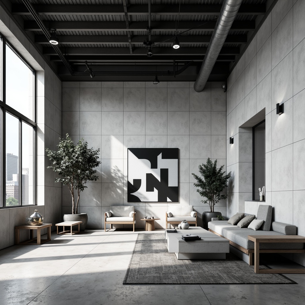 Prompt: Monochromatic color scheme, industrial materials, steel beams, concrete floors, minimalist decor, clean lines, geometric shapes, functional furniture, sparse ornamentation, natural light, large windows, sliding glass doors, urban views, modern cityscape, abstract artwork, simple typography, industrial lighting fixtures, exposed ductwork, open floor plan, functional simplicity, 1/1 composition, high contrast ratio, dramatic shadows, cinematic lighting.