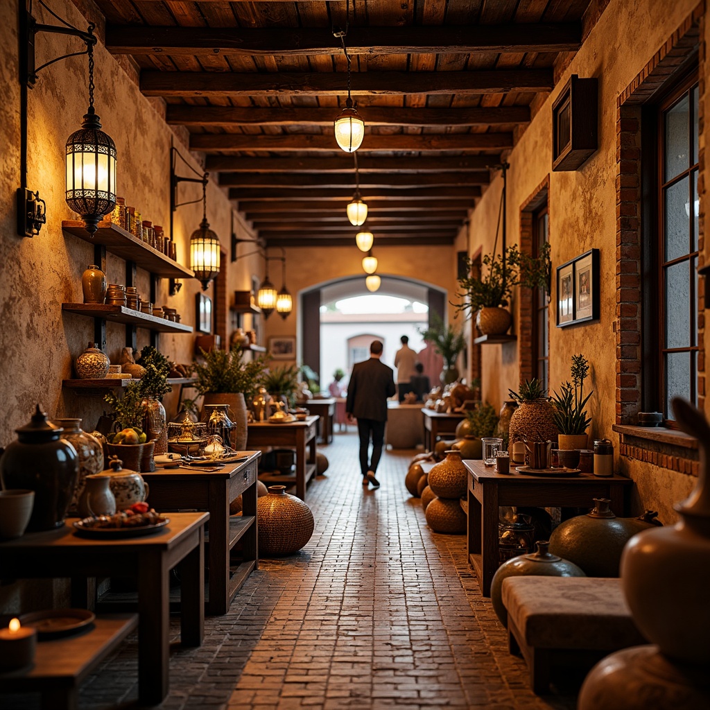 Prompt: Warm traditional market interior, rustic wooden beams, exposed brick walls, vintage decorative tiles, ornate metal lanterns, distressed wood shelves, woven rattan baskets, earthy tone ceramics, soft warm lighting, pendant lamps, candle-like fixtures, bronze accents, Moroccan-inspired patterns, rich velvet textiles, intricate carvings, cozy nooks, ambient shadows, 1/1 composition, realistic reflections, soft focus blur.