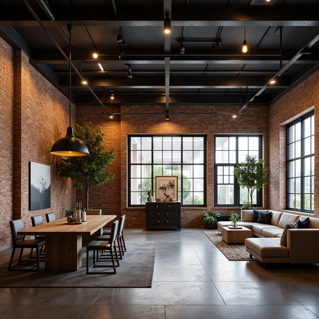 Prompt: Industrial-chic interior, exposed brick walls, steel beams, polished concrete floors, minimalist decor, functional lighting, pendant lamps, metal shades, Edison bulbs, warm ambient glow, dramatic spotlights, geometric patterns, rectangular shapes, bold color accents, sleek lines, modernist aesthetic, functional simplicity, natural textures, urban loft atmosphere, high ceiling, large windows, abundant natural light, soft diffused illumination.