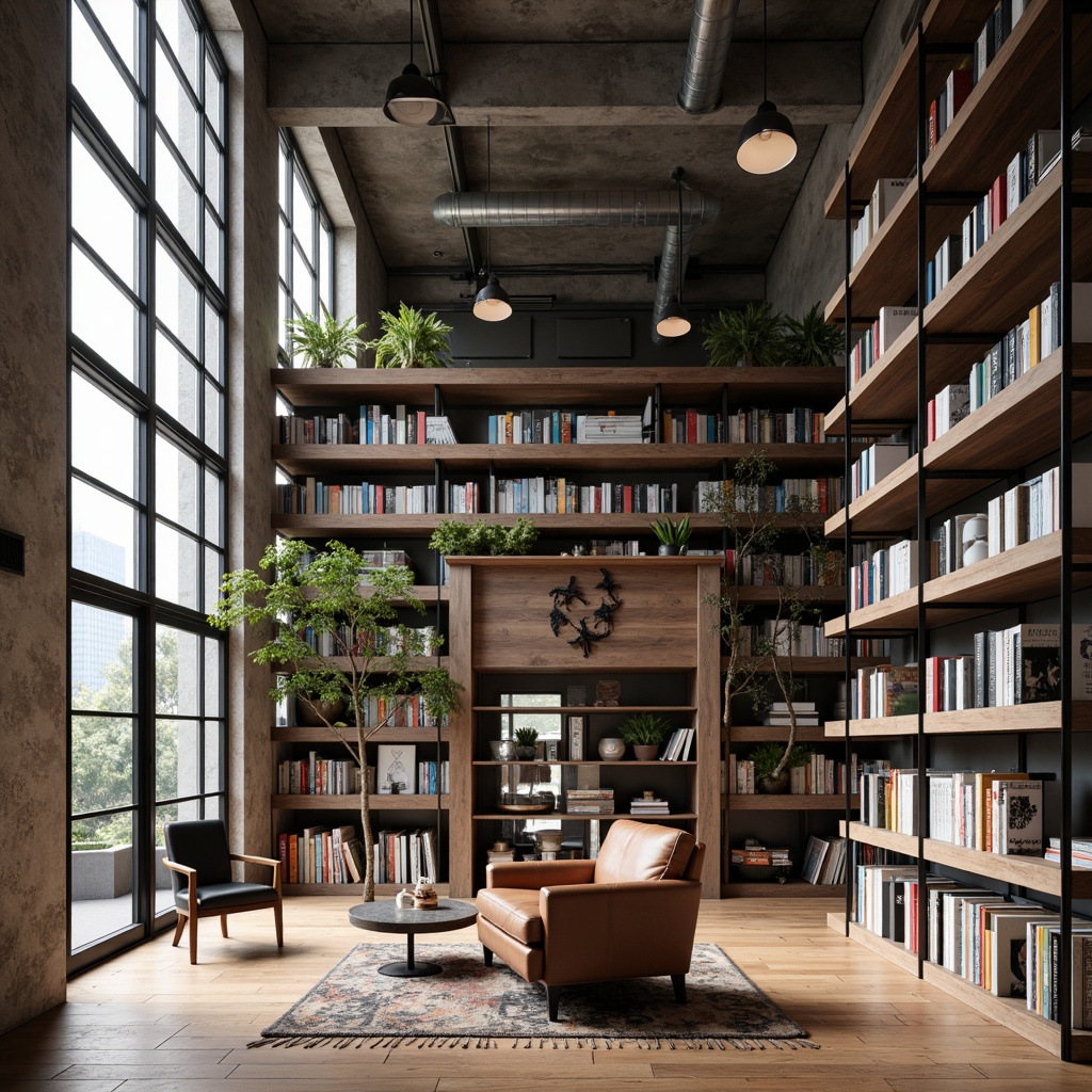 Prompt: Minimalist bookstore interior, industrial metal shelves, reclaimed wood accents, monochromatic color scheme, abundant natural light, floor-to-ceiling windows, cozy reading nooks, comfortable leather armchairs, warm wooden floors, geometric book arrangements, decorative bookends, subtle shadows, softbox lighting, 1/1 composition, realistic textures, ambient occlusion.