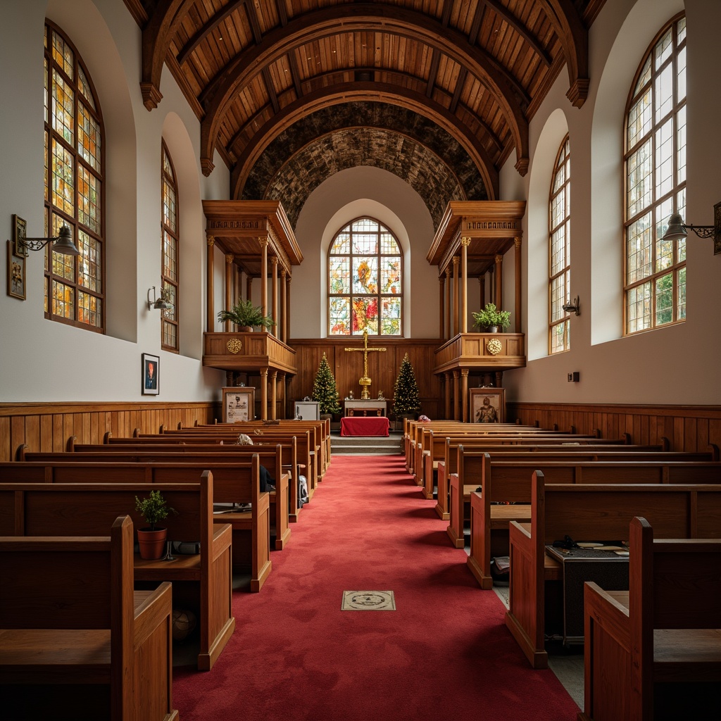 Prompt: Serene religious sanctuary, warm wooden pews, intricately carved wooden altars, ornate golden decorations, stained glass windows, soft diffused lighting, plush red carpeting, elegant wooden chairs, minimalist metal benches, sacred symbols, subtle fragrance of incense, peaceful atmosphere, shallow depth of field, 1/1 composition, realistic textures, ambient occlusion.