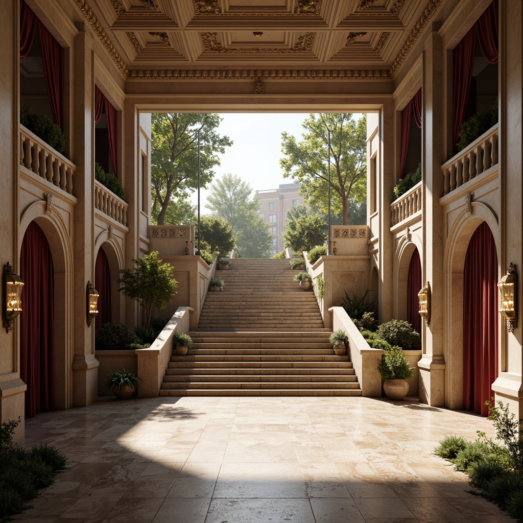 Prompt: Tranquil amphitheater, neoclassical architecture, ornate columns, arches, grand staircases, limestone walls, marble floors, velvet drapes, golden accents, elegant chandeliers, subtle lighting, afternoon sunbeams, warm shadows, symmetrical composition, 1/2 perspective, high-contrast textures, ambient occlusion.Let me know if you need any adjustments!