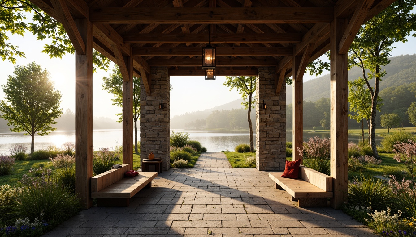 Prompt: Rustic pavilion, natural stone walls, wooden beams, earthy tones, lush greenery, wildflowers, meandering pathways, serene lake views, misty morning, soft warm lighting, shallow depth of field, 1/2 composition, panoramic view, realistic textures, ambient occlusion, wooden benches, lantern-style lighting, nature-inspired decor, vintage metal accents, distressed wood finishes.