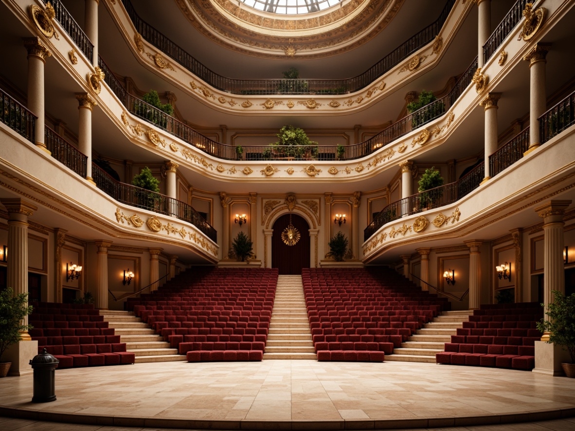 Prompt: Grand amphitheater, neoclassical architecture, ornate columns, marble flooring, curved seating arrangement, tiered rows, velvet upholstery, golden accents, intricate carvings, regal atmosphere, soft warm lighting, shallow depth of field, 3/4 composition, panoramic view, realistic textures, ambient occlusion, majestic staircase, grand entrance, elegant balconies, ornate railings.