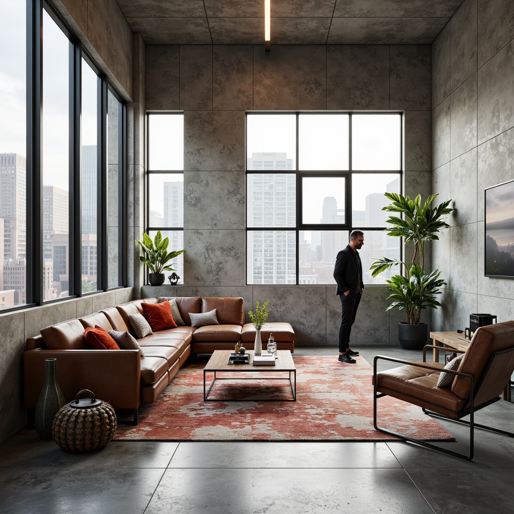 Prompt: Minimalist living room, industrial-chic decor, functional furniture pieces, sleek metal frames, leather upholstery, geometric patterns, bold color accents, modernist architecture, large windows, concrete floors, urban loft atmosphere, natural light pouring in, soft diffused lighting, shallow depth of field, 1/1 composition, realistic textures, ambient occlusion.