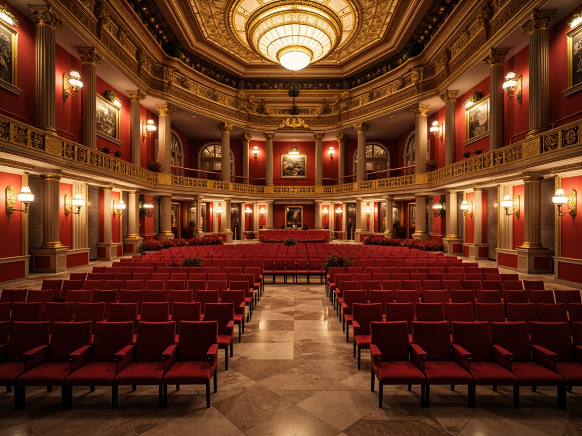 Prompt: Grand amphitheater, neoclassical architecture, ornate details, curved seating arrangement, tiered rows, plush red velvet chairs, golden accents, intricate carvings, marble floors, grandiose chandeliers, soft warm lighting, shallow depth of field, 3/4 composition, panoramic view, realistic textures, ambient occlusion.