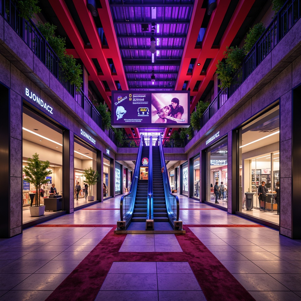 Prompt: Modern shopping mall, trendy storefronts, bold color blocking, neon signs, futuristic escalators, polished marble floors, luxurious velvet textures, dramatic spotlights, high-contrast ratio, cinematic depth of field.