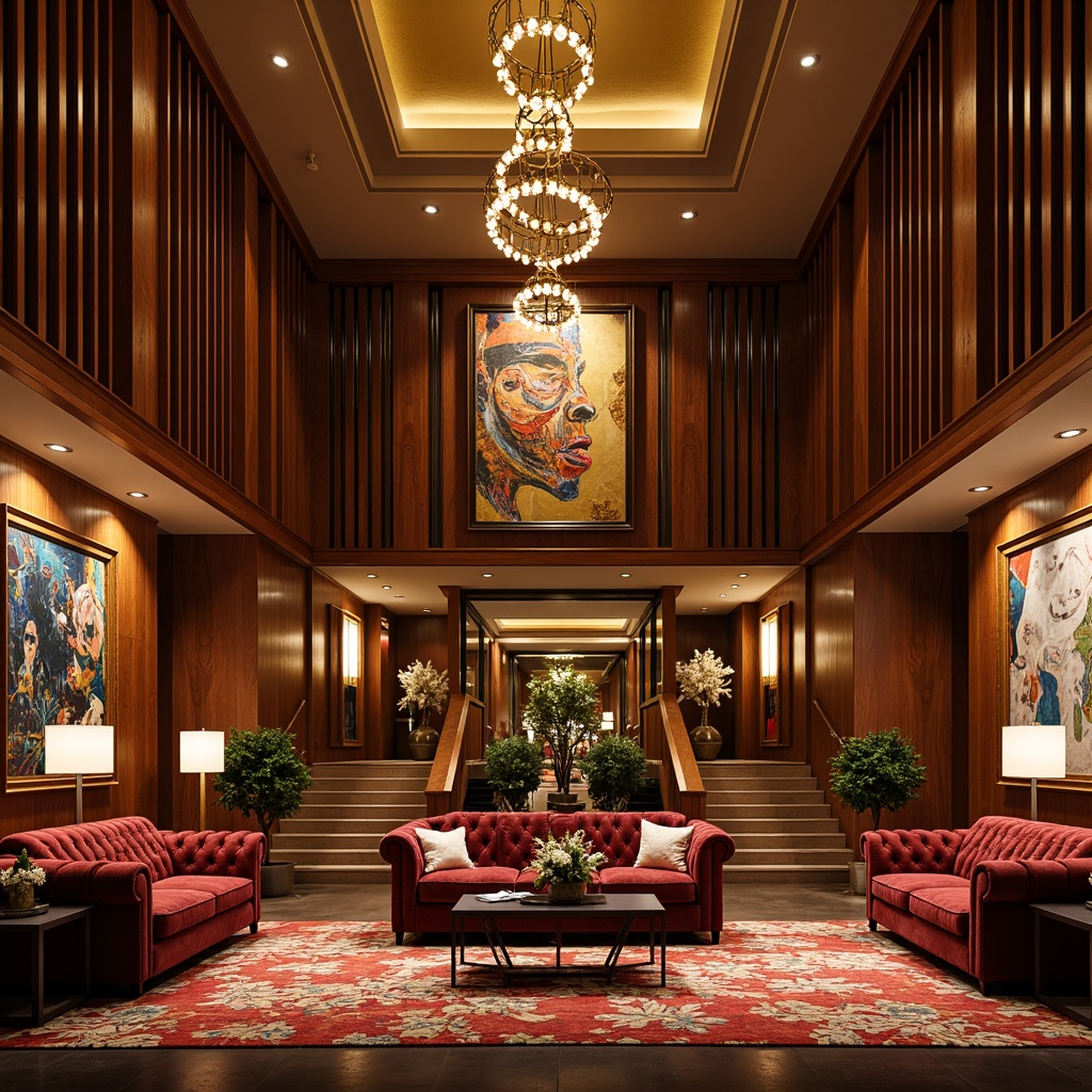 Prompt: Luxurious hotel lobby, rich wood paneling, ornate chandeliers, plush velvet furniture, vibrant abstract artwork, eclectic patterned rugs, metallic accents, grand staircase, opulent drapery, sophisticated lighting fixtures, warm golden color palette, intimate atmosphere, 1/1 composition, dramatic shadows, high-contrast lighting, ambient occlusion.