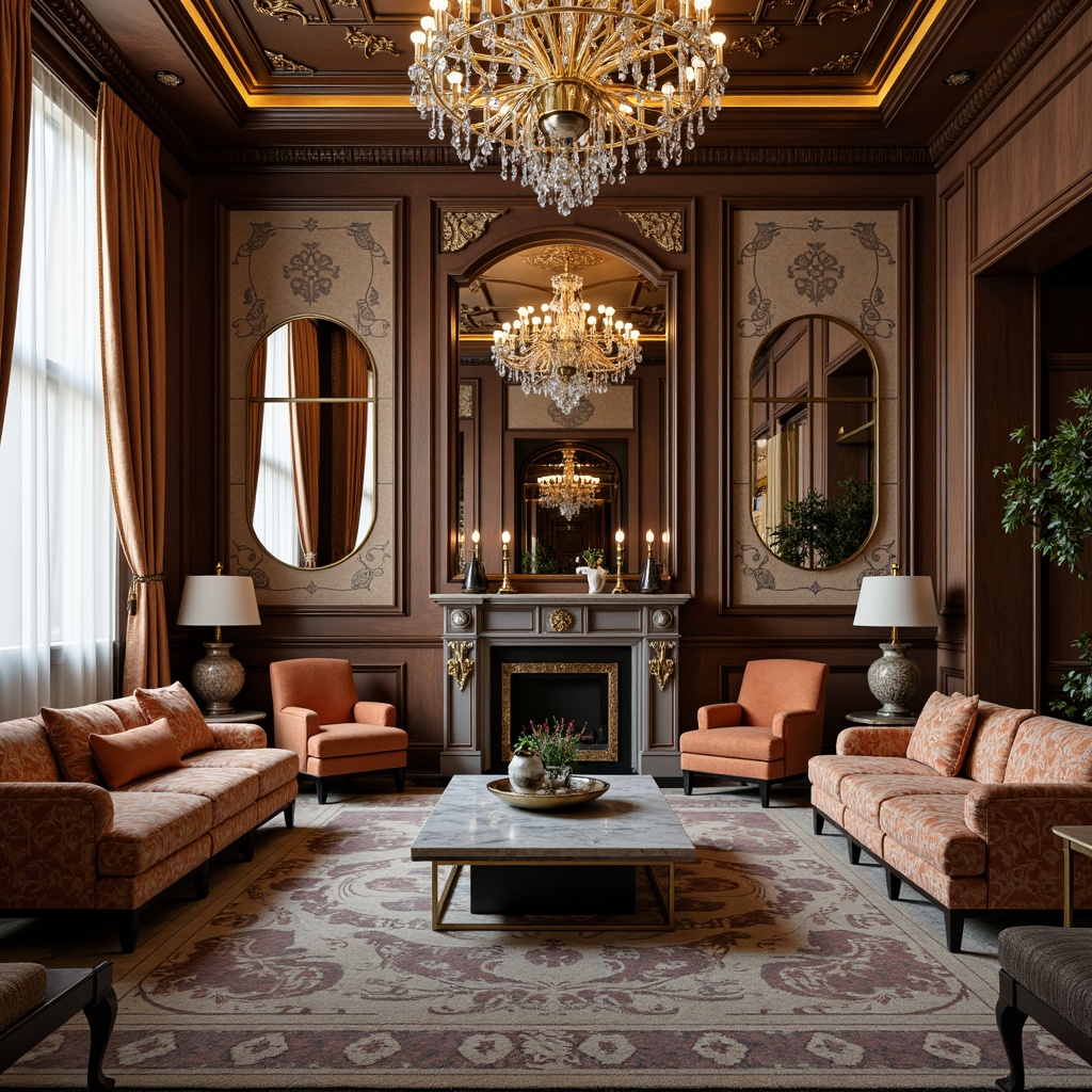 Prompt: Luxurious living room, ornate mirrors, metallic accents, geometric patterns, velvet sofas, marble coffee tables, crystal chandeliers, rich wood paneling, bold color schemes, statement furniture pieces, curved lines, sunburst motifs, glamorous ambiance, soft golden lighting, 1/1 composition, realistic reflections, ambient occlusion.