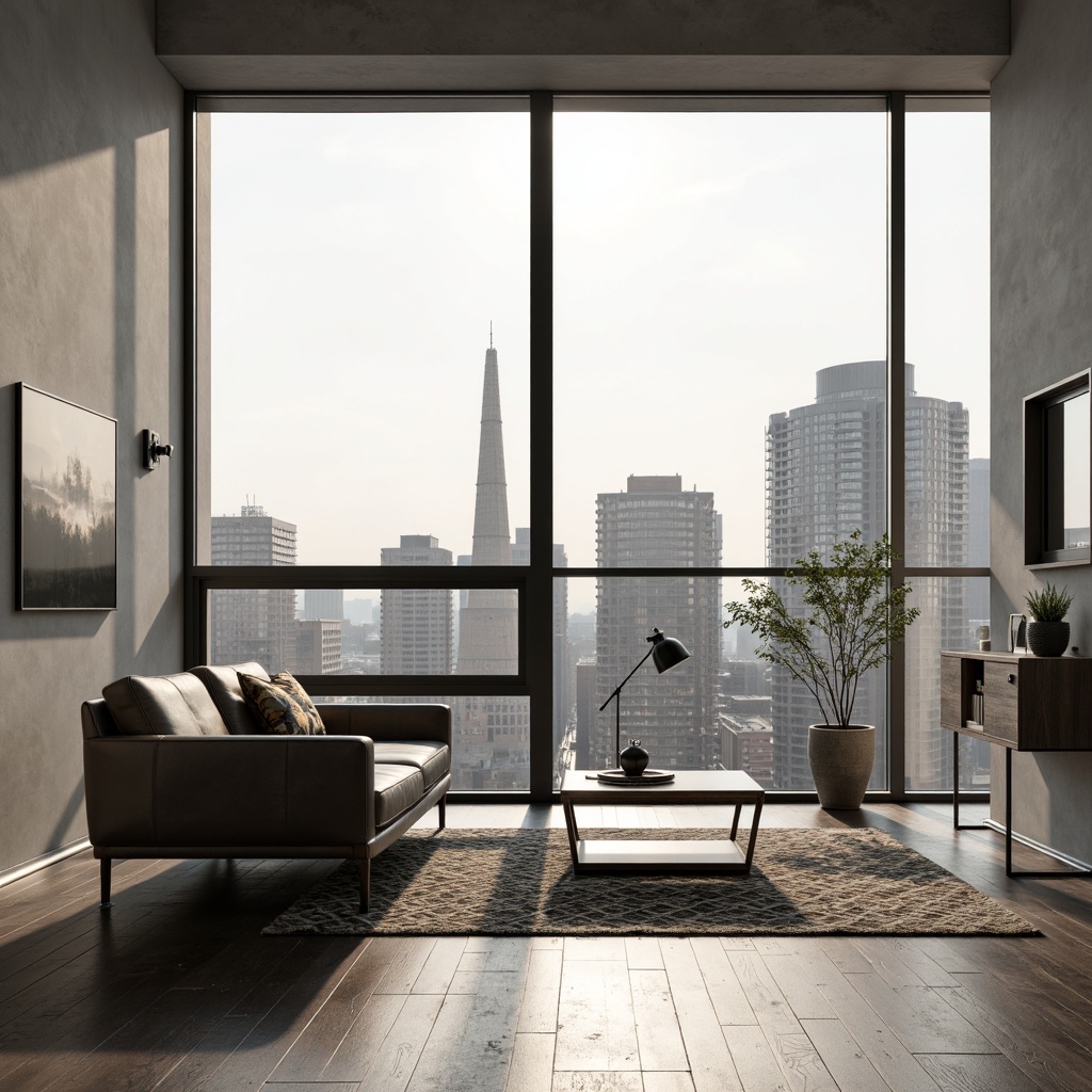 Prompt: Minimalist living room, monochromatic color scheme, sleek low-profile sofa, slim coffee table, geometric patterned rug, industrial chic metal lamp, floor-to-ceiling windows, natural light pouring in, urban cityscape view, calm atmosphere, soft warm lighting, shallow depth of field, 1/1 composition, realistic textures, ambient occlusion.