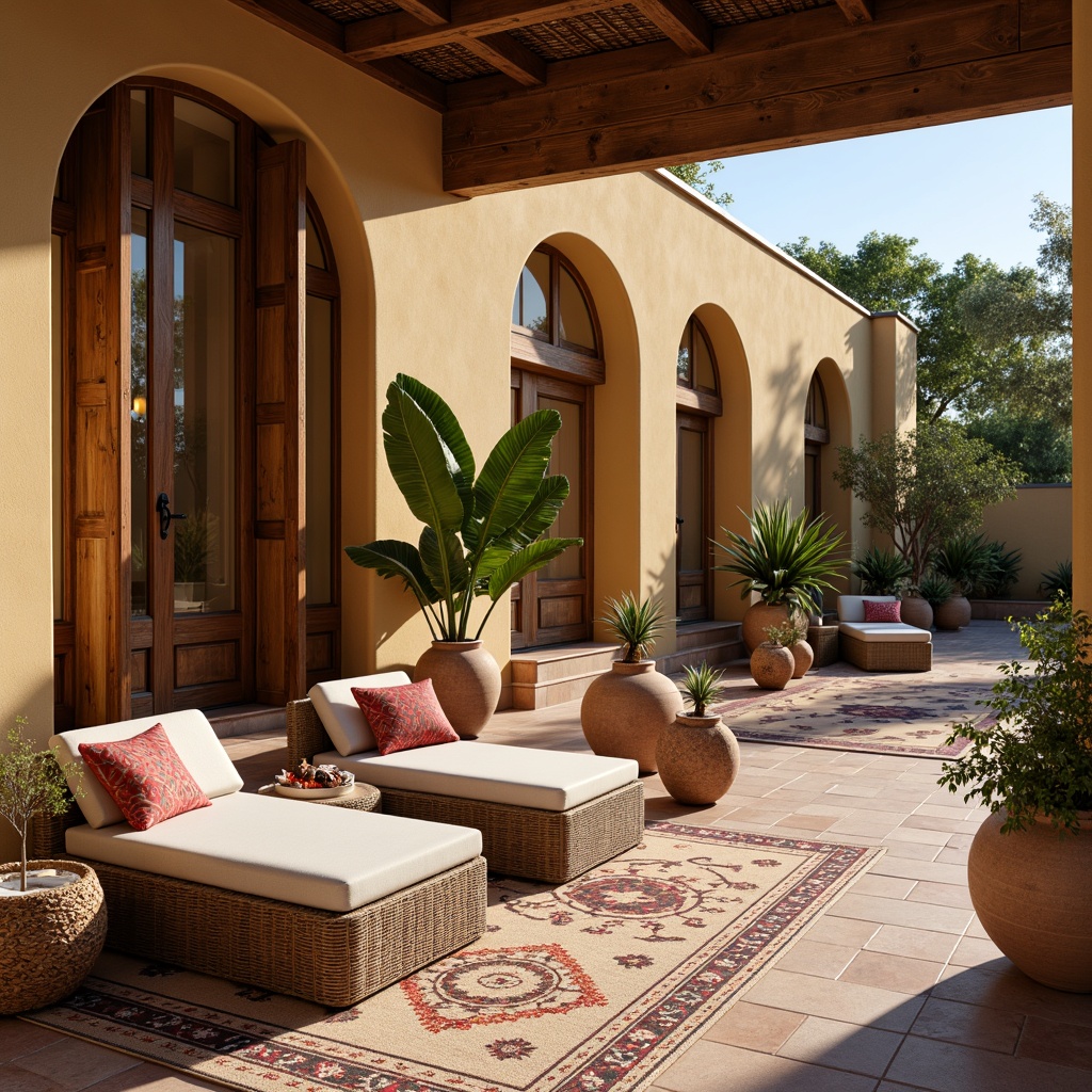 Prompt: Vibrant Mediterranean villa, ornate tiles, rustic wooden accents, colorful ceramic vases, intricately patterned textiles, plush cushions, natural linen fabrics, earthy terracotta pots, lush greenery, sunny courtyard, warm golden lighting, shallow depth of field, 1/1 composition, realistic textures, ambient occlusion, soft focus background, warm color palette, inviting outdoor spaces.