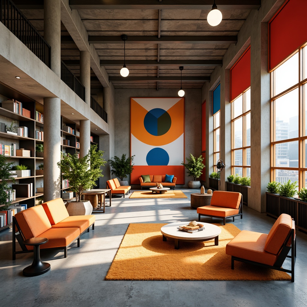 Prompt: Vibrant Bauhaus interior, bold geometric shapes, abstract patterns, bright primary colors, industrial materials, metal accents, sleek lines, minimalist decor, functional furniture, circular columns, rectangular windows, triangular shelves, hexagonal tiles, angular lighting fixtures, modernist artwork, urban loft atmosphere, high ceilings, polished concrete floors, natural light pouring in, soft warm glow, shallow depth of field, 1/1 composition, realistic textures, ambient occlusion.