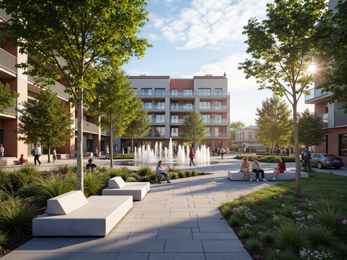 Prompt: Vibrant public plaza, bustling community center, interactive street art, dynamic fountain displays, lush greenery, walking paths, seating areas, cultural event spaces, modern urban architecture, sleek metal benches, warm lighting, shallow depth of field, 1/1 composition, panoramic view, realistic textures, ambient occlusion.