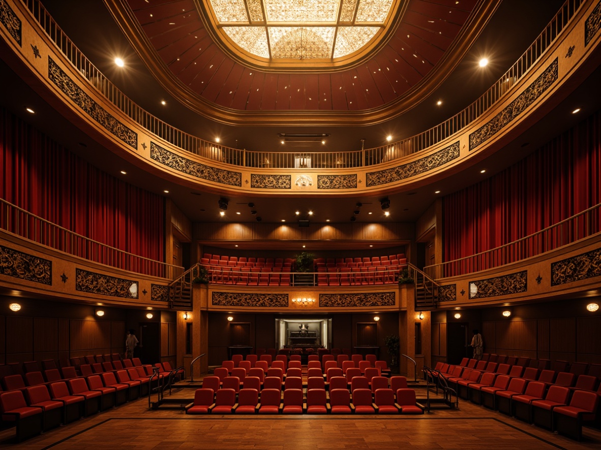 Prompt: Luxurious auditorium, art deco style, ornate details, metallic accents, velvet curtains, grand chandelier, tiered seating arrangement, curved rows, comfortable cushioned chairs, rich wooden flooring, intricate patterns, geometric shapes, golden lighting fixtures, soft warm glow, shallow depth of field, 3/4 composition, realistic textures, ambient occlusion.