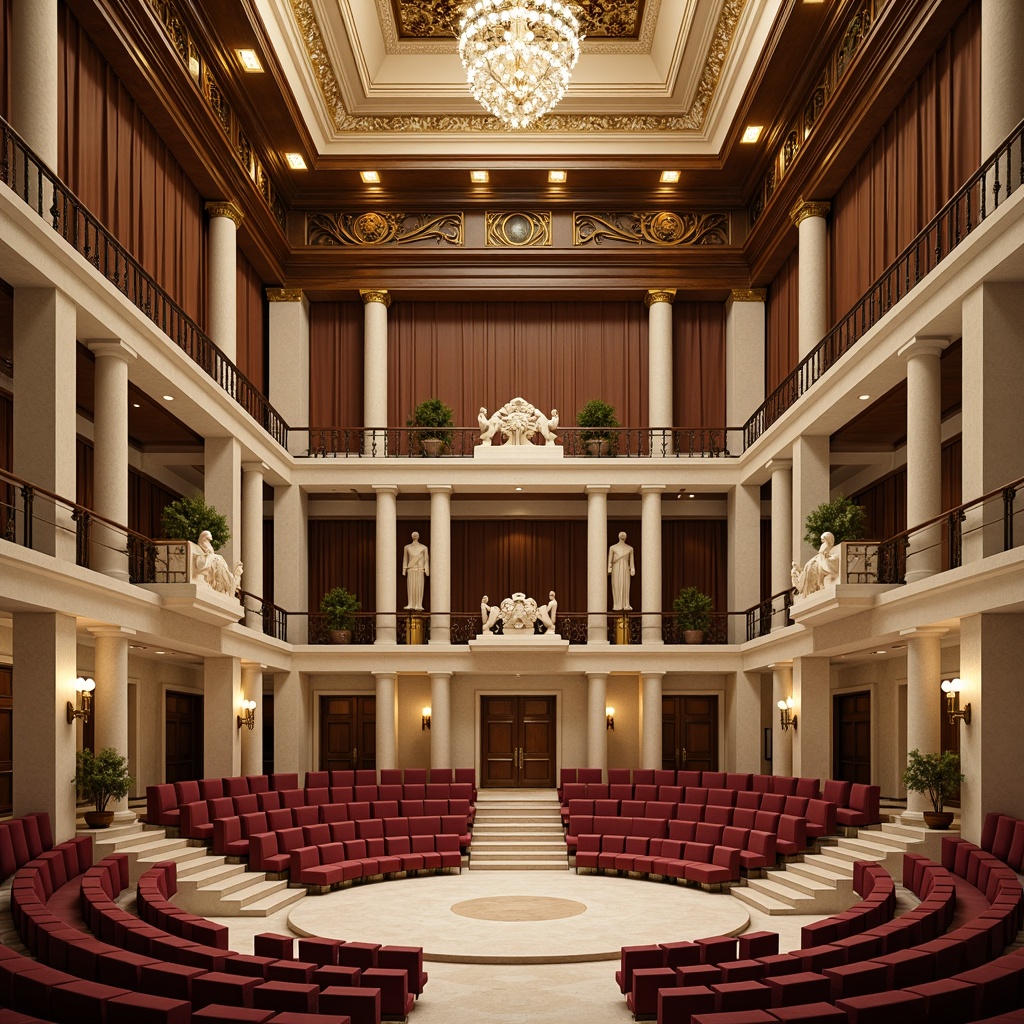 Prompt: \Grandiose amphitheater, Neoclassicism style, travertine stone columns, white marble statues, ornate balustrades, polished brass handrails, luxurious velvet seating, rich wood paneling, intricate moldings, crystal chandeliers, warm golden lighting, soft focus photography, 1/1 composition, symmetrical layout, grand staircase, regal atmosphere, evening ambiance, subtle shadows, realistic textures.\