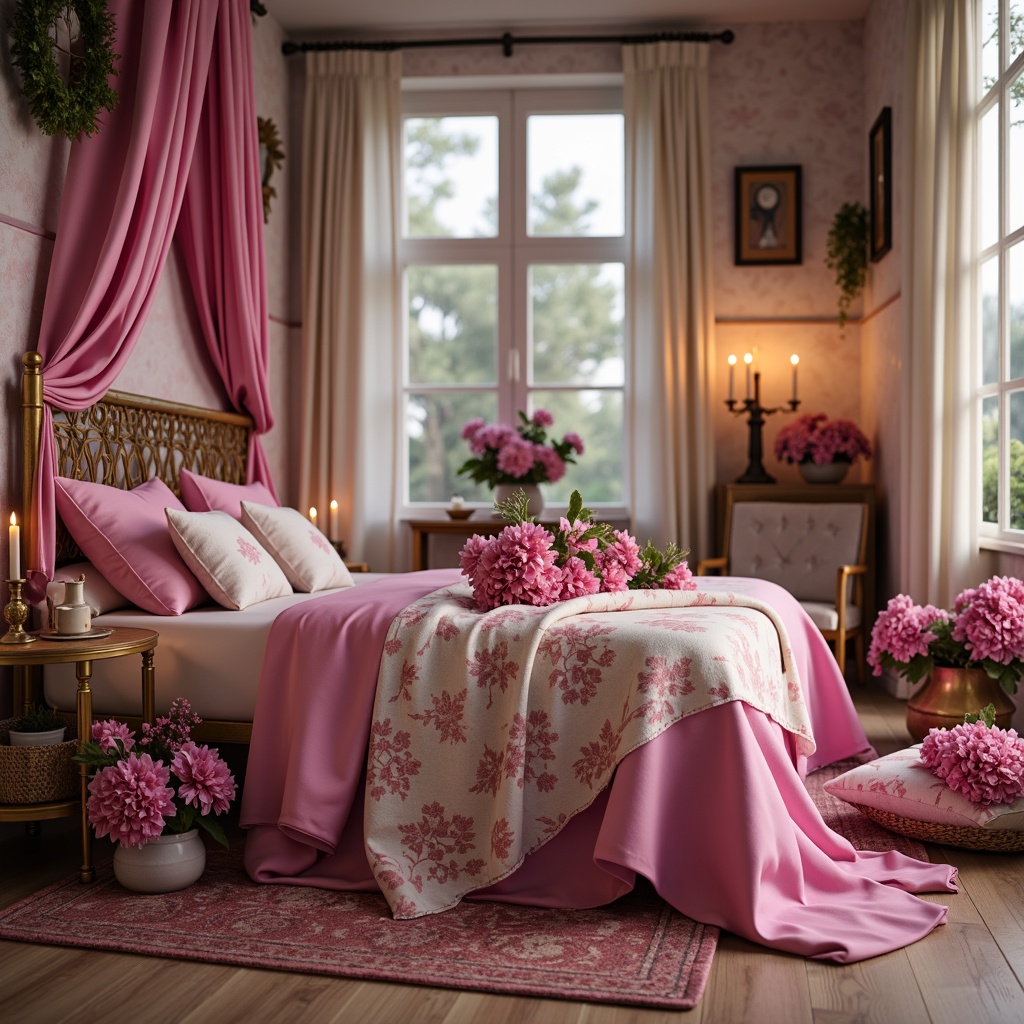 Prompt: Vibrant fuchsia accents, soft pastel pink hues, rich berry tones, metallic rose gold, creamy white textures, natural wood grains, lush green foliage, whimsical florals, delicate lace patterns, ornate Victorian details, romantic candlelight, warm golden hour, shallow depth of field, 1/1 composition, realistic renderings, ambient occlusion.