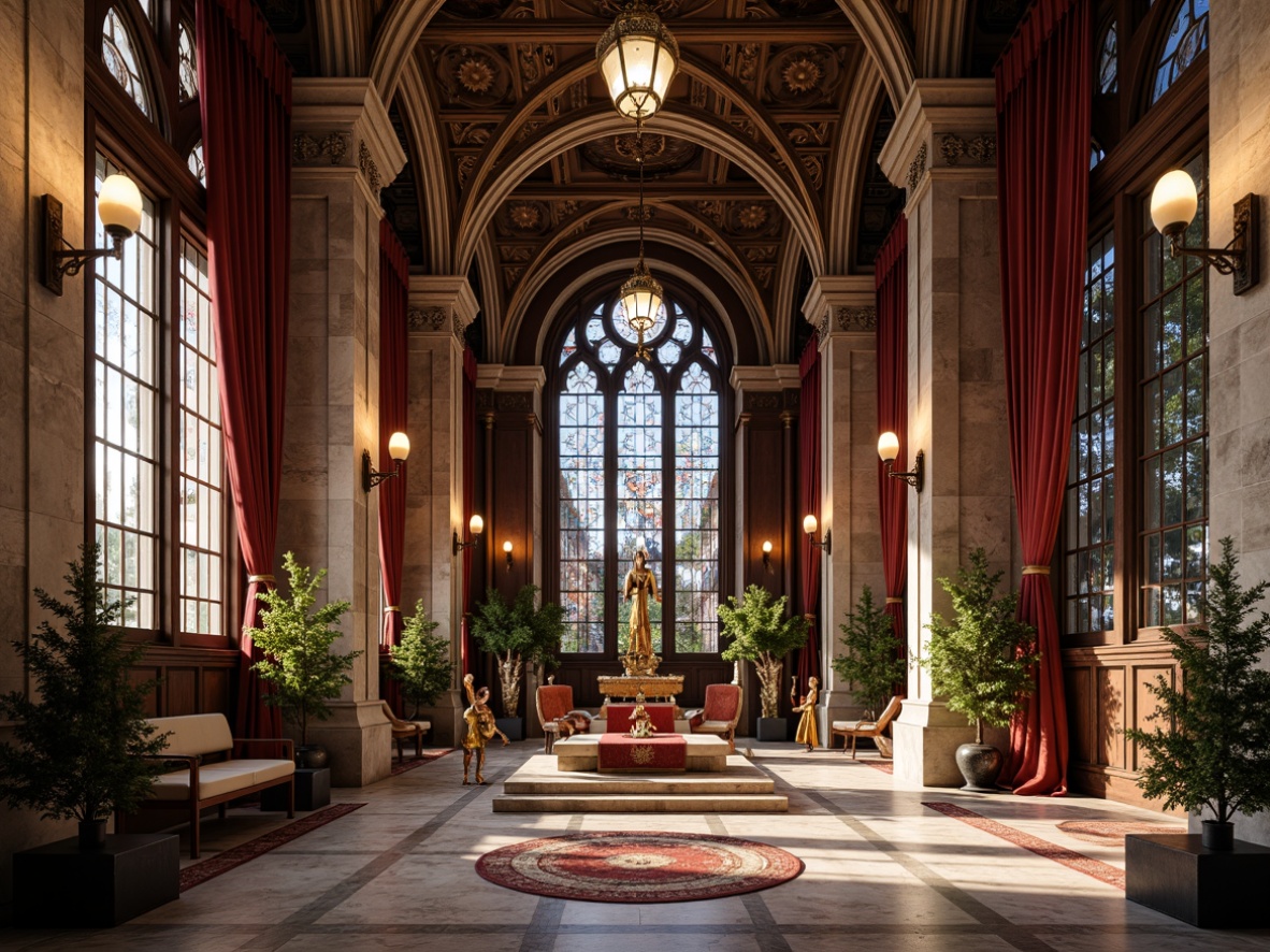 Prompt: Intricate stone carvings, ornate wooden panels, stained glass windows, rich velvet drapes, polished marble floors, golden accents, sacred symbols, mystical patterns, ornamental lanterns, grandiose arches, vaulted ceilings, serene ambiance, soft warm lighting, shallow depth of field, 3/4 composition, panoramic view, realistic textures, ambient occlusion.