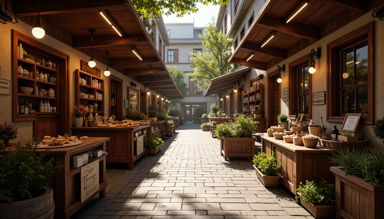 Prompt: Warm market atmosphere, traditional European-style architecture, wooden stalls, vintage signage, rustic lanterns, earthy tone brick walls, natural stone floors, distressed wood textures, ornate metal fixtures, soft warm lighting, afternoon sunbeams, 1/1 composition, realistic reflections, ambient occlusion.