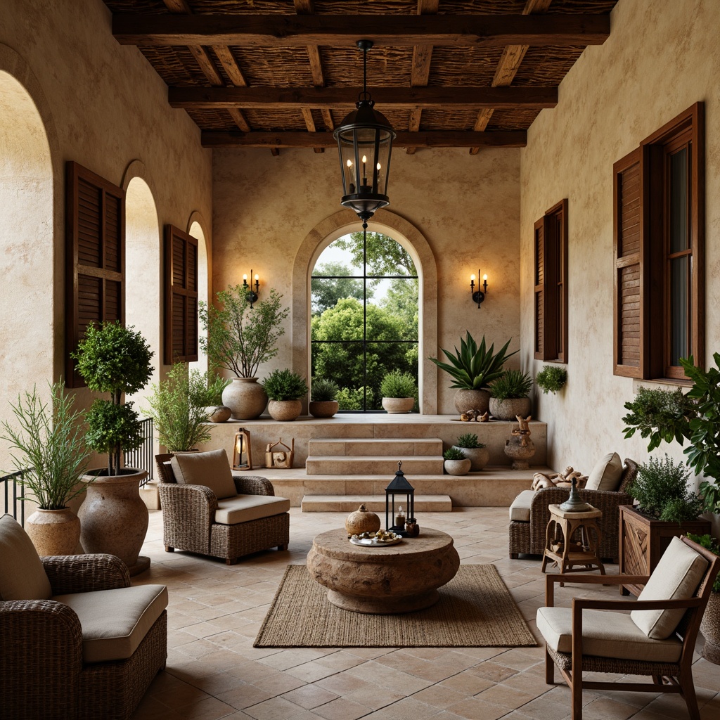 Prompt: Cozy Mediterranean villa, rustic stone walls, warm beige tones, lush greenery, wooden shutters, curved archways, ornate tiles, distressed wood furniture, plush velvet upholstery, woven wicker accents, vintage metal lanterns, soft candlelight, 1/1 composition, shallow depth of field, realistic textures, ambient occlusion.