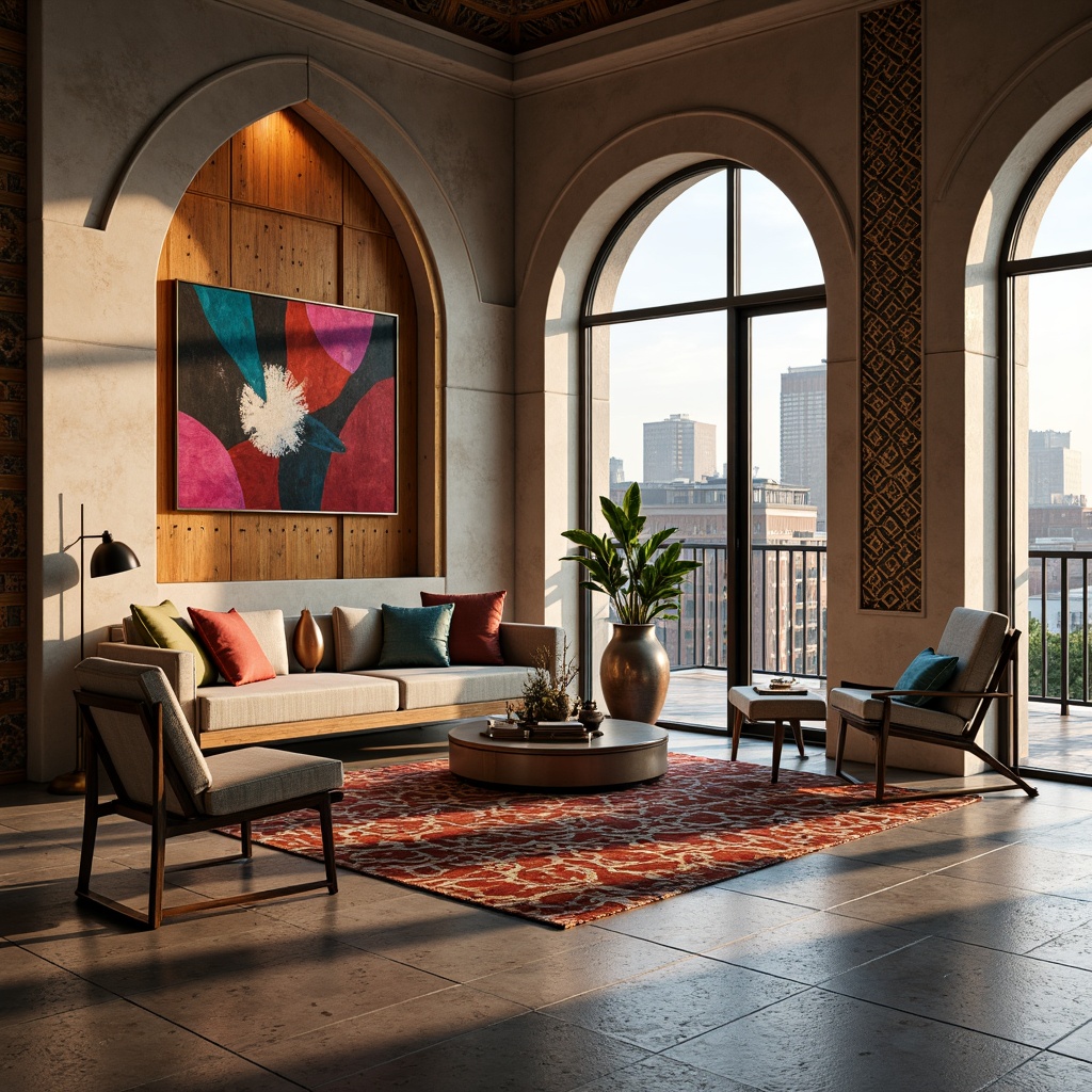 Prompt: Luxurious living room, geometric patterned rug, bold hexagonal tiles, minimalist furniture, sleek metallic accents, ambient warm lighting, 3/4 composition, shallow depth of field, Moroccan-inspired arches, intricate mosaics, vibrant colorful textiles, abstract artwork, natural stone walls, floor-to-ceiling windows, urban cityscape views, soft afternoon sunlight, subtle gradient effects.