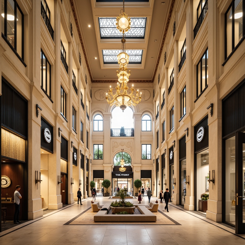 Prompt: Elegant shopping mall, grandiose entrance, ornate columns, symmetrical fa\u00e7ade, marble flooring, luxurious chandeliers, refined stucco walls, sophisticated archways, high ceilings, spacious atrium, natural light pouring in, warm beige tones, intricate moldings, ornamental balustrades, lavish furnishings, upscale retail stores, refined signage, soft golden lighting, shallow depth of field, 1/2 composition, realistic textures, ambient occlusion.