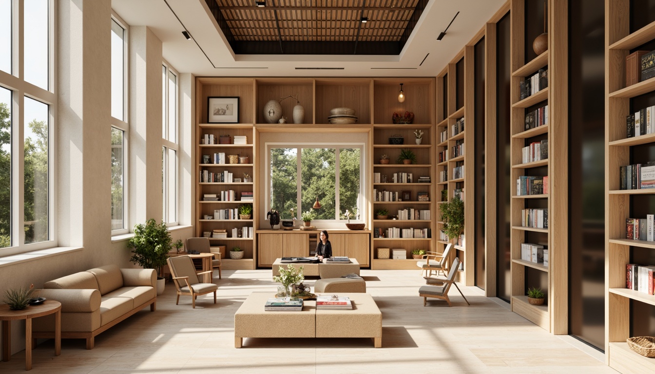 Prompt: Minimalist bookstore, sleek wooden shelves, simple metal frames, natural light, warm beige tones, subtle texture variations, clean lines, sparse decoration, cozy reading nooks, comfortable armchairs, floor lamps, soft warm lighting, 1/1 composition, realistic wood textures, ambient occlusion.