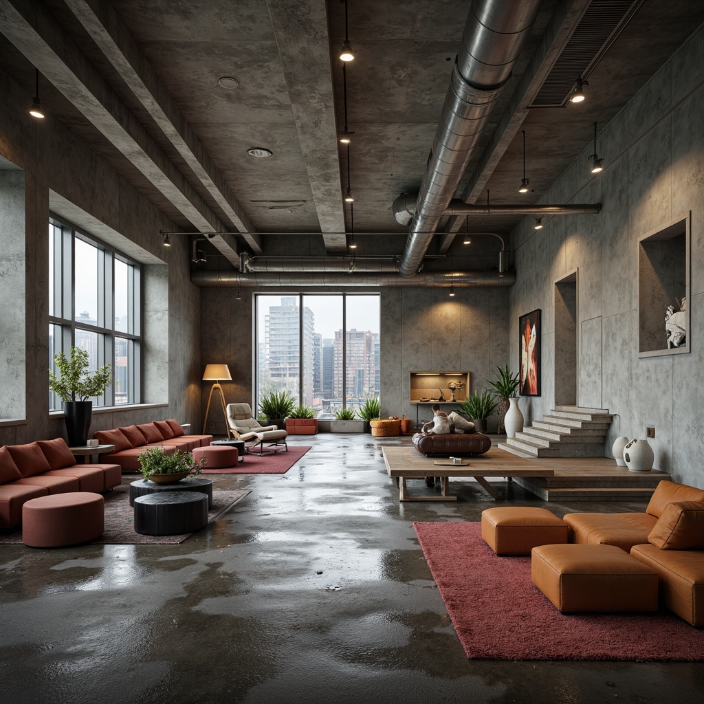 Prompt: Raw concrete walls, exposed ductwork, industrial lighting, brutalist architecture, dramatic staircase, open floor plan, flexible seating arrangements, minimalist decor, bold color accents, abstract sculptures, urban cityscape views, rainy day, soft box lighting, high contrast ratio, 2/3 composition, cinematic camera angles, realistic material textures, ambient occlusion.Please let me know if this meets your requirements!