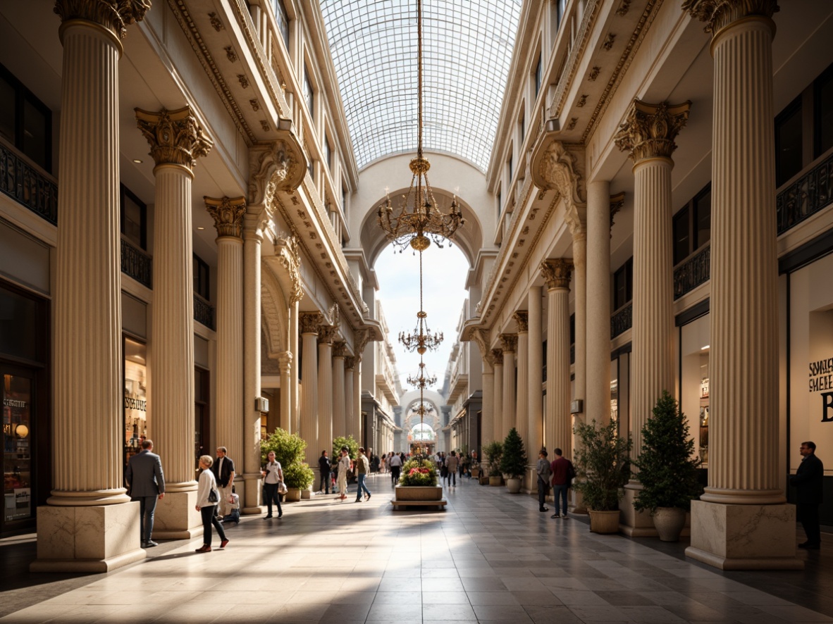 Prompt: Grand shopping center, neoclassical architecture, ornate columns, intricate carvings, marble floors, high ceilings, elegant chandeliers, luxurious materials, subtle lighting, soft shadows, symmetrical composition, 1/1 aspect ratio, shallow depth of field, realistic textures, ambient occlusion, bustling atmosphere, morning sunlight, warm glow, refined details, sophisticated ambiance.