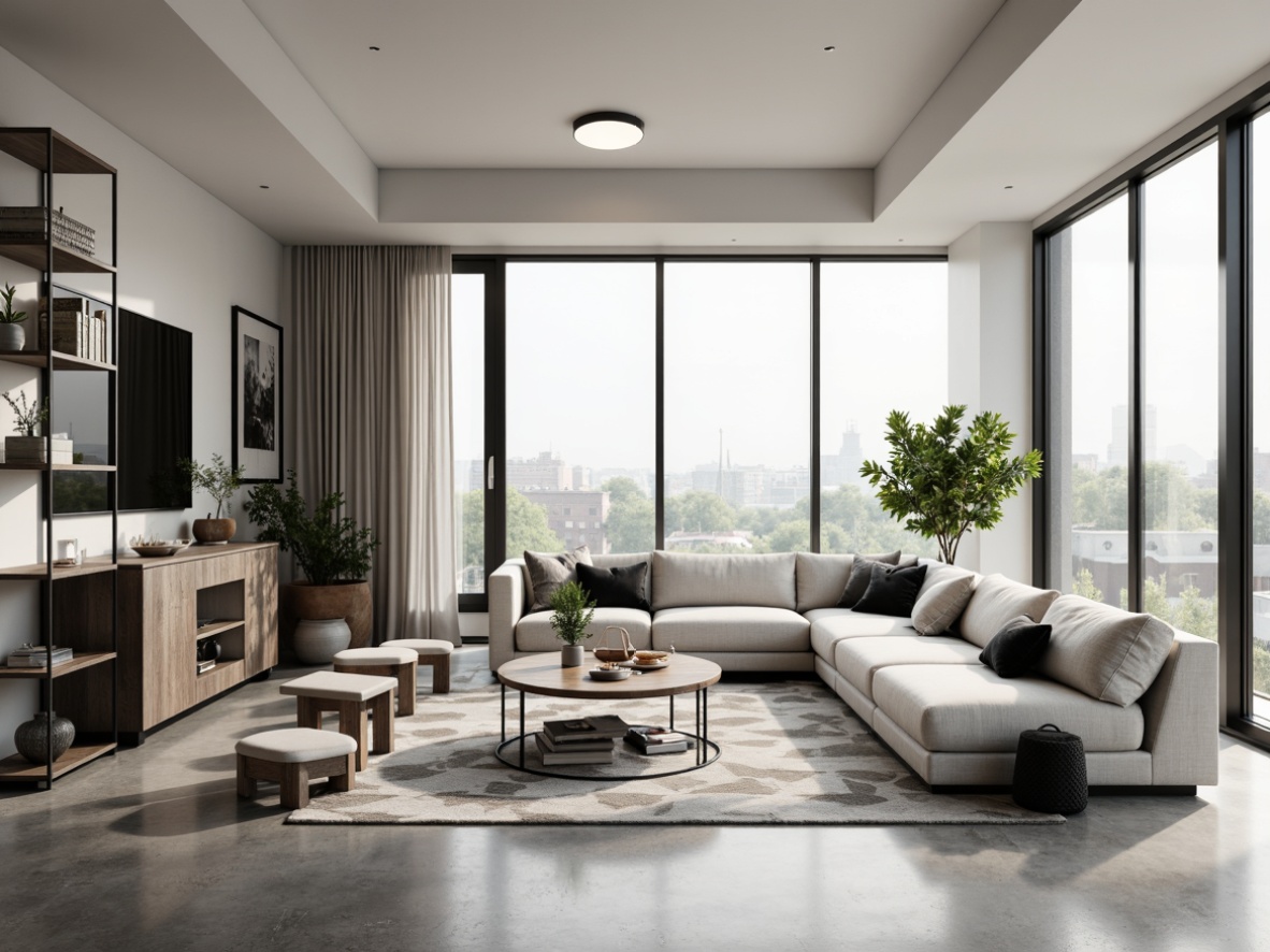 Prompt: Clean-lined living room, minimalist coffee table, low-profile sofa, monochromatic color scheme, industrial chic accents, polished concrete floors, floor-to-ceiling windows, abundant natural light, sleek metal shelving units, geometric-patterned area rug, potted plants, simple yet elegant lighting fixtures, warm neutral tones, subtle textures, 1/1 composition, shallow depth of field, realistic materials, ambient occlusion.