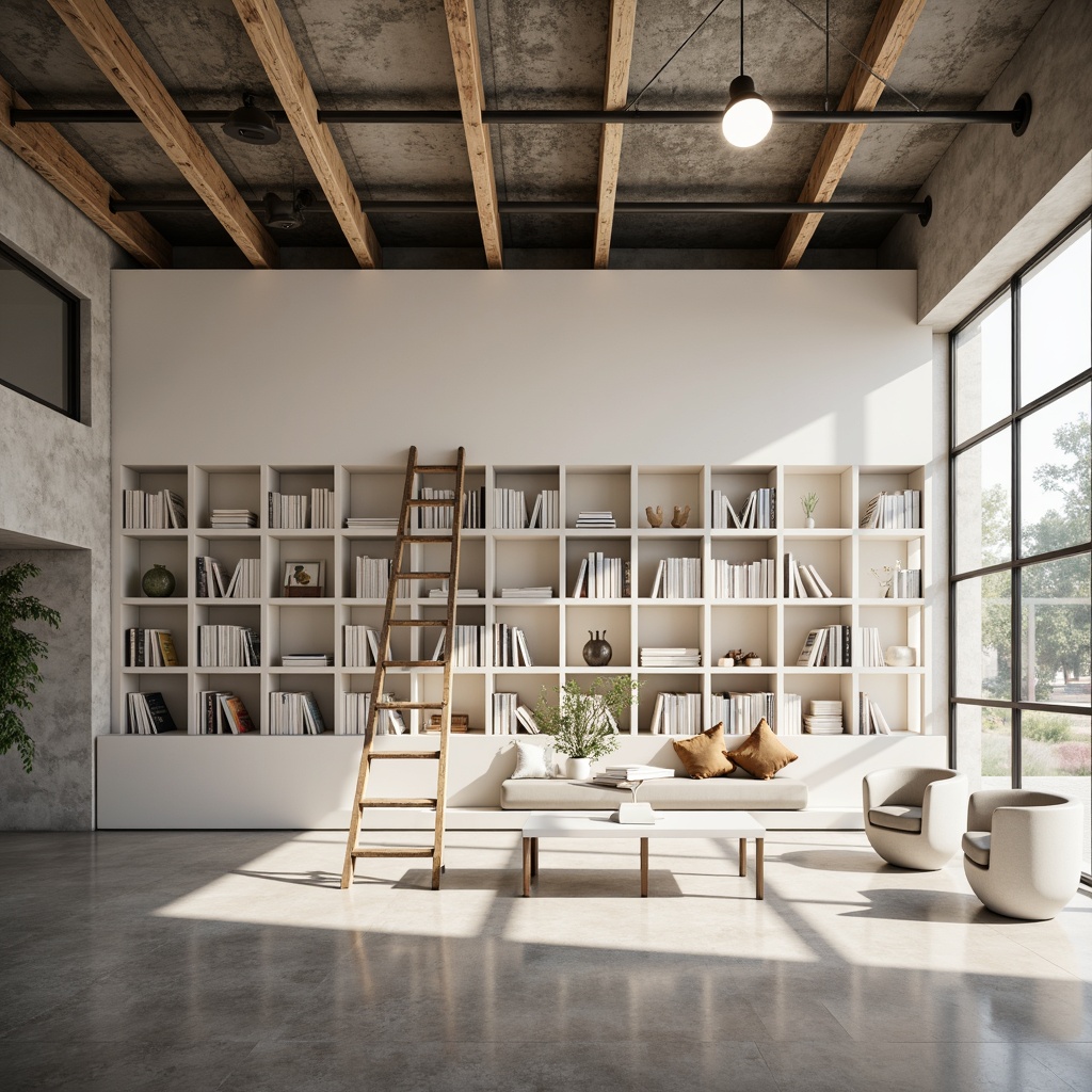 Prompt: Minimalist bookstore, clean white shelves, sparse book arrangement, wooden ladder, industrial metal beams, concrete floors, natural light pouring in, soft warm lighting, 1/1 composition, shallow depth of field, realistic textures, ambient occlusion, Scandinavian-inspired furniture, simple geometric shapes, monochromatic color scheme, subtle texture variations.