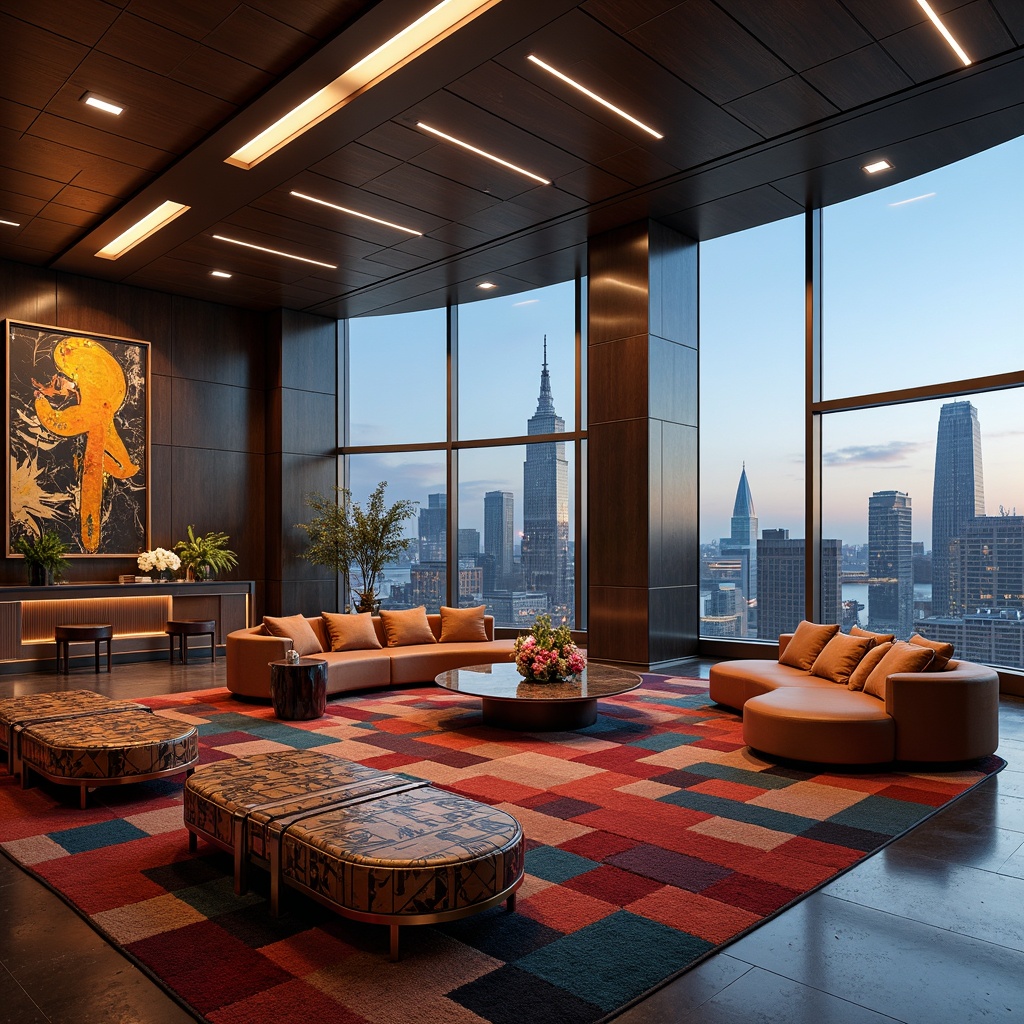 Prompt: Luxurious penthouse, sleek modern furniture, avant-garde expressionist decor, bold color schemes, eclectic art pieces, abstract sculptures, plush area rugs, floor-to-ceiling windows, breathtaking cityscape views, minimalist coffee tables, sculptural sofas, geometric patterned ottomans, metallic accent walls, ambient LED lighting, dramatic ceiling fixtures, grand pianos, lavish sectionals, bespoke wall art, sophisticated shelving units, futuristic bar designs, panoramic skyline vistas, cinematic wide-angle shots, 1/2 composition, low-key warm illumination.