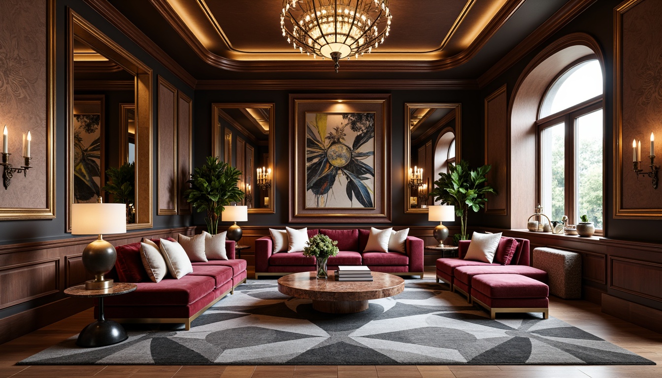 Prompt: Luxurious living room, ornate mirrors, metallic accents, velvet sofas, curved lines, geometric patterns, bold color schemes, rich textiles, marble coffee tables, chrome lamp fixtures, abstract artwork, sunburst motifs, chevron designs, hexagonal shapes, opulent rugs, statement lighting fixtures, lavish drapery, glamorous chandeliers, sophisticated ambiance, high-contrast lighting, 1/1 composition, dramatic shadows.